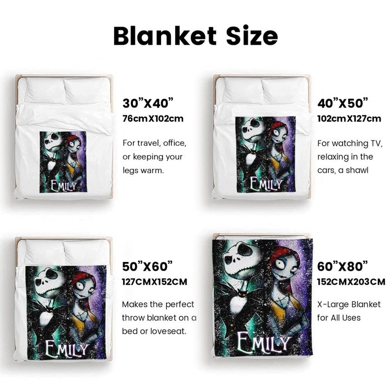 Peut inclure: Une couverture blanche avec une image color&eacute;e de Jack Skellington et Sally de The Nightmare Before Christmas. Les tailles sont 76cm x 102cm, 102cm x 127cm, 127cm x 152cm et 152cm x 203cm. Le texte "Blanket Size" est en haut.