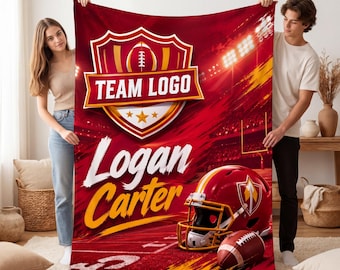 Couverture personnalisée en flanelle de football, nom de l'équipe et jet de joueur personnalisés, cadeau pour fan de sport, décoration de chambre pour garçon, couverture de canapé pour le match, stade