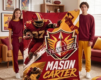 Couverture de football personnalisée, nom de l'équipe et joueur en flanelle personnalisé, cadeau pour fan de sport, décoration de chambre pour senior, hayon de nuit