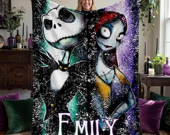 Personalized Flannel Blanket, Custom Name Throw for Nightmare Lovers, Jack and Sally Spooky Romance, Gothic Couples Gift, Starry Night