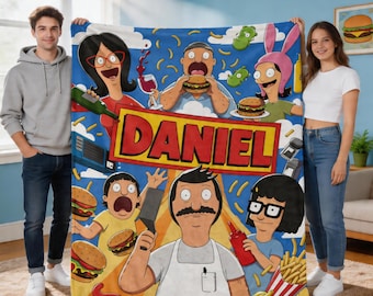 Couverture familiale personnalisée en flanelle de dessin animé, jeté nom personnalisé pour amateur de hamburgers, cadeau d'animation drôle pour homme adolescent, anniversaire de Noël