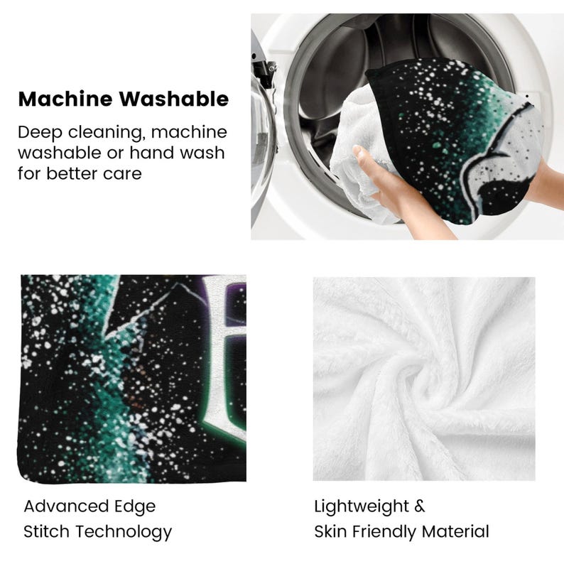 Peut inclure: Une couverture &agrave; motifs noirs et verts est lav&eacute;e dans une machine &agrave; laver. La couverture porte le texte "Machine Washable" et "Advanced Edge Stitch Technology". La couverture est faite d'un mat&eacute;riau l&eacute;ger et doux pour la peau.