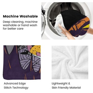May include: A black and orange patterned blanket is being washed in a washing machine. The blanket has a purple border and the text "Machine Washable" and "Advanced Edge Stitch Technology". The blanket is made of lightweight, skin-friendly material.