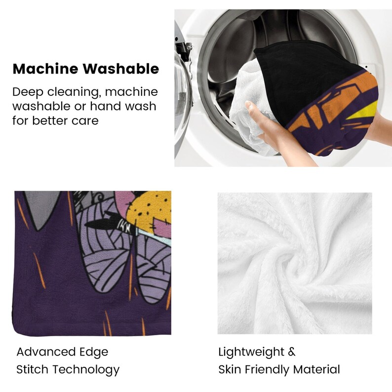 May include: A black and orange patterned blanket is being washed in a washing machine. The blanket has a purple border and the text "Machine Washable" and "Advanced Edge Stitch Technology". The blanket is made of lightweight, skin-friendly material.