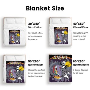 May include: Blanket size guide featuring four different blanket sizes: 30"x40", 40"x50", 50"x60", and 60"x80". Each blanket displays a colorful graphic of Jack Skellington and Sally from The Nightmare Before Christmas. The blankets are displayed on beds.