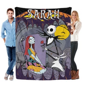 May include: A plush, rectangular blanket featuring a scene from "The Nightmare Before Christmas." The design includes Jack Skellington offering a rose to Sally, with the name "SARAH" at the top. The background is a graveyard scene.