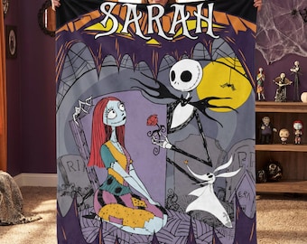 Couverture personnalisée en flanelle Jack and Sally, jeté pour couple gothique avec prénom personnalisé, cadeau de Noël romantique cauchemar pour les amateurs de gothiques, décoration