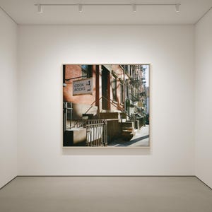 May include: A framed photograph of a New York City street scene. The image features a brick building with a sign that reads "COOK BOOKS" and a stylized image of a chef. The scene is bathed in sunlight, with shadows cast across the steps and sidewalk.