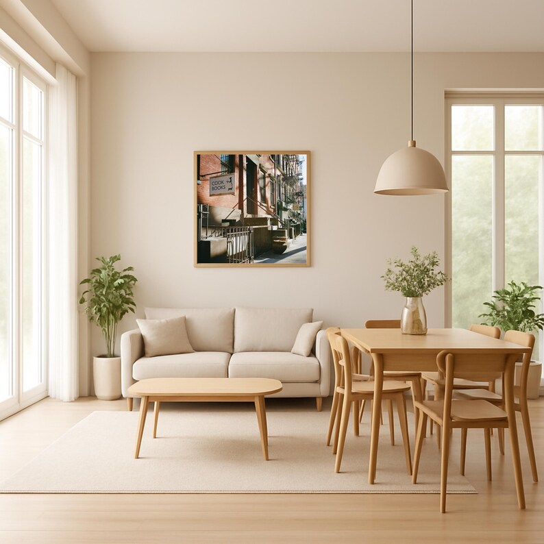 May include: A living room with a neutral color palette. A framed picture of a street scene hangs above a beige sofa. A wooden coffee table and dining set are in the foreground. A large window and potted plants add natural light and greenery.