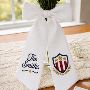 Personalized USA Shield 250th Anniversary Sash, Patriotic Home Gift, Family Name Ribbon, Wreath Sash, Door Hanger, USA Art, 1776-2026, Sign
