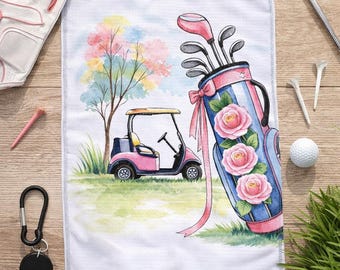Watercolor Golf Towel Floral Cart Design, Cute Golf Gift for Women, Cottagecore Golf Accessory, Spring Golf Towel