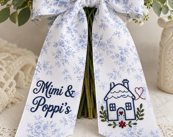 Blue and White Toile Mimi and Poppi Bouquet Sash, Grandparents Day Gift, Personalized Gift for Grandmother, Floral Ribbon, Wreath Sash, Art