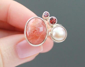 Vintage Handmade Sterling Silver Ring | Sunstone, Pearl, Garnet | Sculptural Art Statement Ring