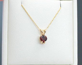 Beautiful Vintage 14k Gold Garnet Heart Necklace-  Minimalist Love Pendant- 18" Yellow Gold Chain