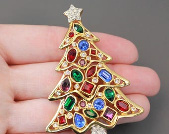 Vintage Designer Signed Austrian Crystal Christmas Tree Brooch | Multicolored Stones | Swan Logo
