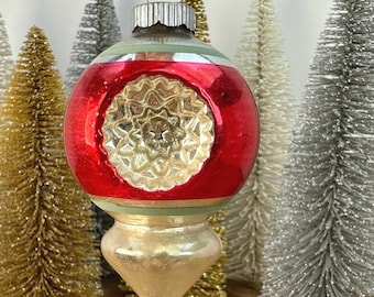 Double Indent  Lobbed Teardrop Glass Christmas Ornament -  1950's  Made in U.S.A.-Shiny Brite