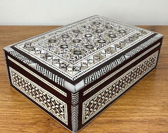Vintage Handmade Egyptian Mother of Pearl Inlay Jewelry Box: Moroccan Marquetry Wood Storage