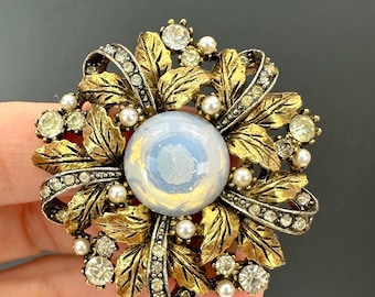 Vintage Arthur Pepper Brooch | Jelly Belly White Cabochon and Rhinestones