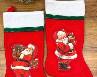 Vintage Christmas Stocking Giordano Art Santa with Cat & Santa with Teddy -1980's