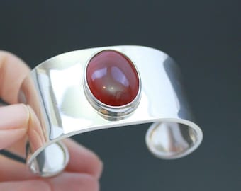 Carnelian Sterling Silver Mexico Cuff Bracelet- Vintage 925 Adjustable Cuff Bracelet- 7"