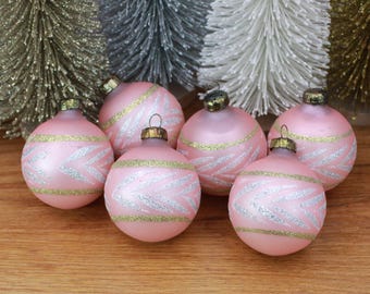 Vintage Pink Mercury Glass Ornaments with silver and Gold Glitter- SET OF 6