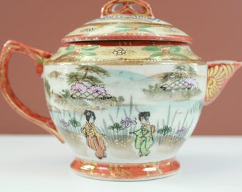 Japanese Satsuma Creamer or Small Teapot | Hand-painted Geisha Garden Scene with Embossed Gold Accents