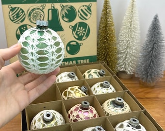 12 Shiny Brite Glass Christmas Ornaments - Colorful, Unsilvered Vintage Crocheted - 1940- 1950's Made in U.S.A. RARE