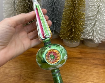 Vintage Triple Indent Glass Tree Topper Finial- Mica Glittered Blown Glass- 1950's