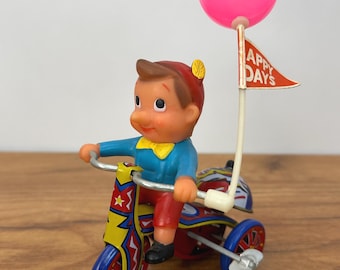 Vintage Tin Litho Wind-Up Pinocchio | Boy on Tricycle Tin Toy -Working