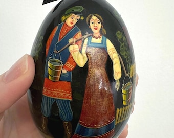 Vintage Russian Folk Art Egg, Hand Painted & Signed Made of Wood -  1997