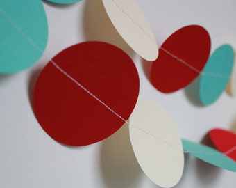 Wedding Garland, Paper garland, wedding reception decor, baby shower decor, birthday decor, red, ivory & aqua- 10 Foot Long