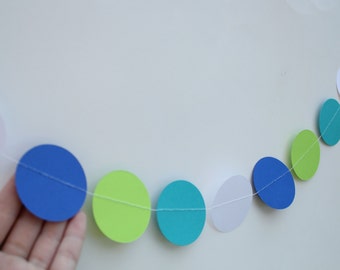 Birthday Decoration- Paper Garland 5 Foot Long- lime, royal blue, teal and white