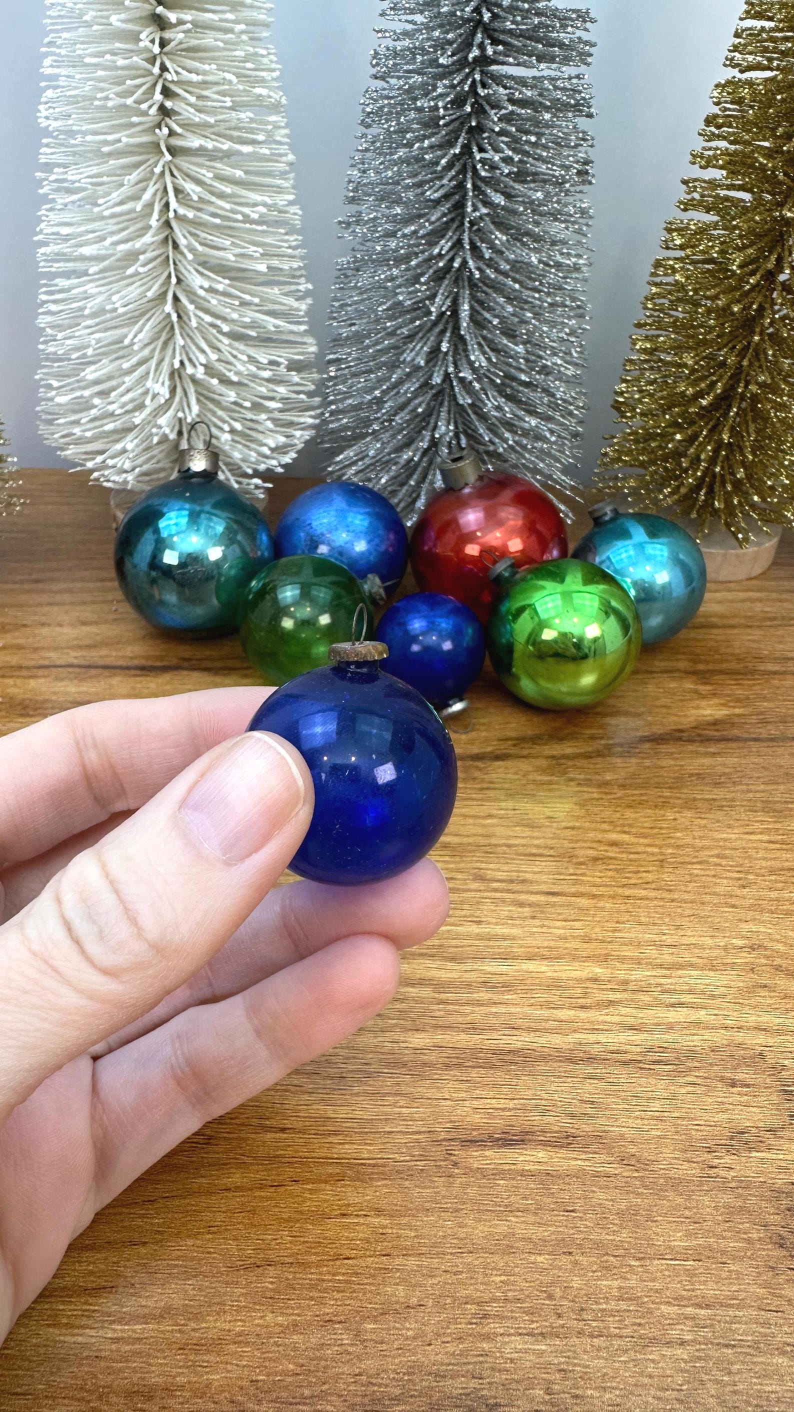 8 Vintage Mercury Glass Feather Tree Ornaments- Tiny Christmas Decorations- 1950's