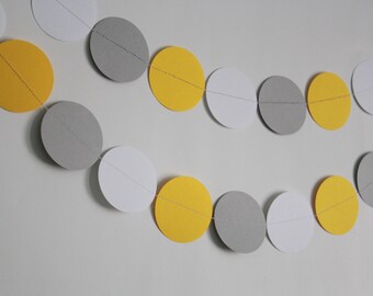 Gray, yellow and white garland, birthday decoration, party decor, paper garland, circle garland, elephant theme, bumble bee, streamer