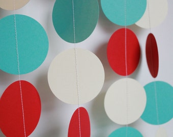 Paper Garland, Party Decor, Baby Shower Decoration, Banner, Birthday Decor, Party Decorations, Shower Decor, Red, Ivory, Aqua