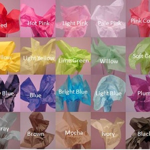 Puede incluir: Un gr&aacute;fico que muestra 24 colores diferentes de papel de seda. Los colores est&aacute;n dispuestos en cuatro filas de seis colores cada una. Los colores son: Vino, Rojo, Rosa intenso, Rosa claro, Rosa p&aacute;lido, Coral rosa, Naranja, Albaricoque, Amarillo, Amarillo claro, Verde lima, Sauce, Verde suave, Teal, Aguamarina, Azul marino, Azul, Azul brillante, Azul claro, Ciruela, P&uacute;rpura, P&uacute;rpura claro, Gris, Marr&oacute;n, Mocha, Marfil, Negro y Blanco.