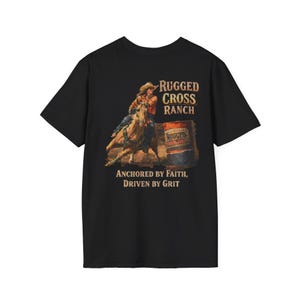 Rugged Cross Ranch rodeo cowboy graphic T-Shirt | Anchored by Faith, Driven by Grit
