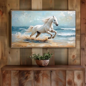 White Horse Beach Scene Frame TV Art, Textured Coastal Landscape Painting (Digital Download)