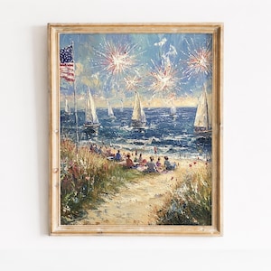 May include: Oil painting of a beach scene with sailboats, fireworks, and an American flag. The artwork depicts people on the beach, with a path leading to the water. The painting is in a gold-colored frame.