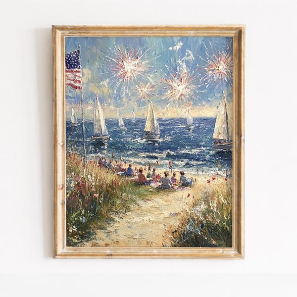 Druckbare Sommer Küstenszene mit Feuerwerk - Vintage Nautische Wandkunst, Festliche Vaterländische Strandmalerei, sofortiger digitaler Download 132