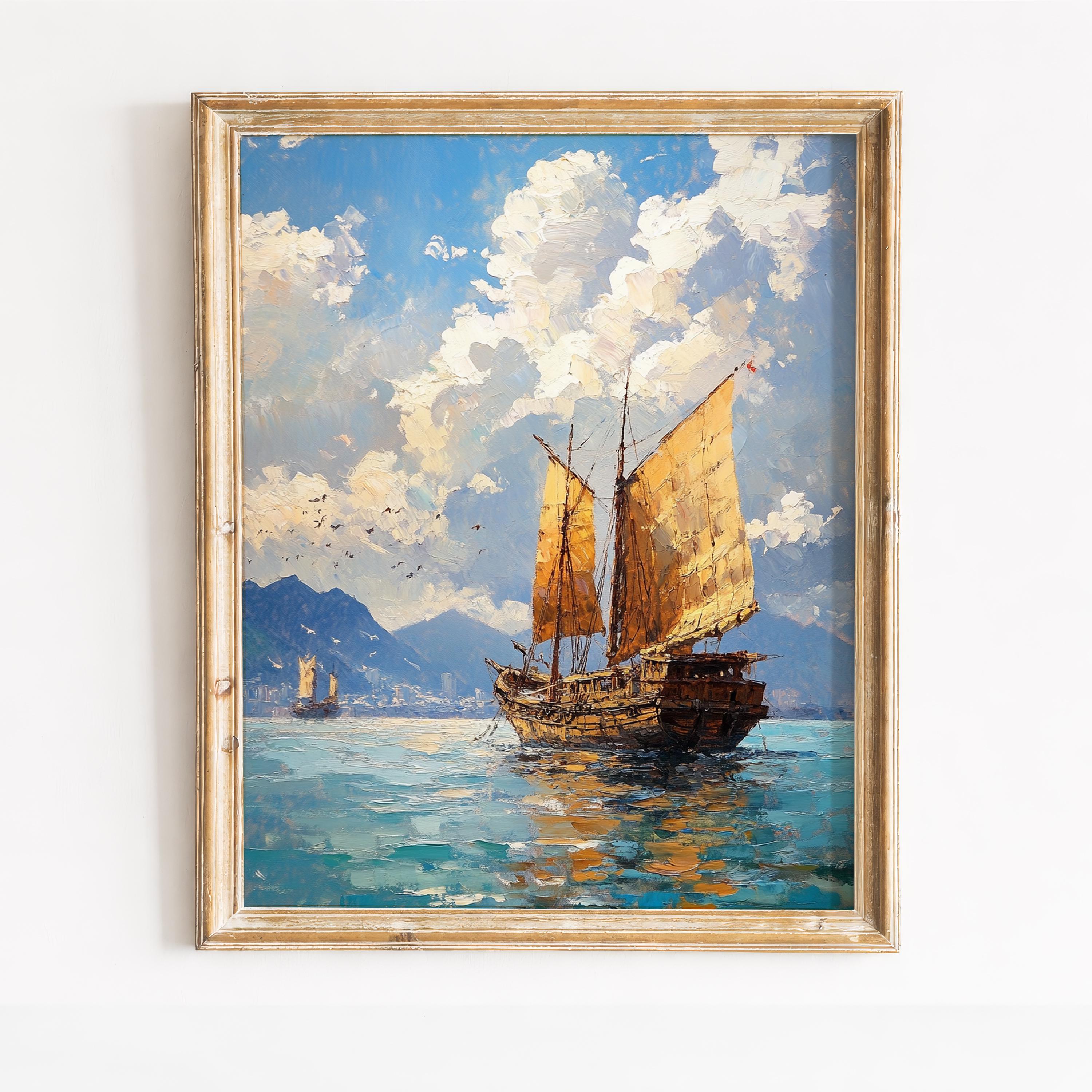 ヴィンテージ 油彩画 ジャンク船 夕景 海景画 アレクサンダー・シェンデロフの海景画：キャンバスに描かれた
