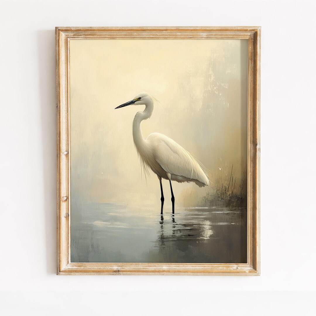White Heron Oil Painting Print – Misty Coastal Wall Art (digital ...