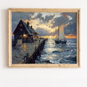 雰囲気のある海景の印刷可能画像 - ヴィンテージ桟橋の夕日を背景にした海事アート（デジタルダウンロード）
