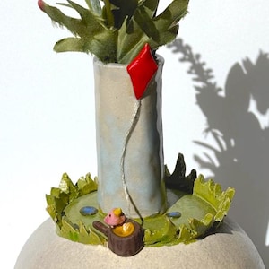 Bird Meadow Scene Flower Vase - Handmade Whimsical Pottery