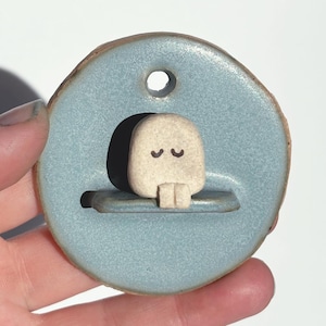 tiny ceramic friend wall hanging - baby blue - quirky handmade pottery