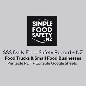 Pode incluir: Um gráfico cinza com o texto "SIMPLE FOOD SAFETY NZ" em um quadrado preto. Abaixo, lê-se "SSS Daily Food Safety Record - NZ Food Trucks & Small Food Businesses Printable PDF + Editable Google Sheets."