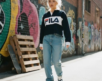 Koszulka Fila Cropped Rugby z lat 90. w kolorze granatowym, pomarańczowym i białym, Streetwear L