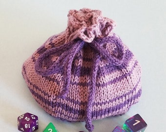 Knitted Dice Bag Small Size, Purple Striped Bag, DnD Role playing game accessory