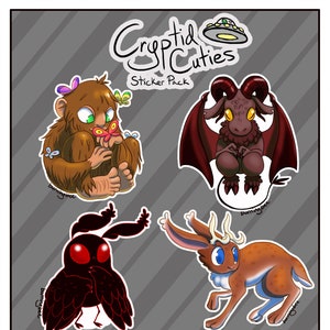 WATERPROOF Four Cryptid Stickers, Bigfoot, Jersey Devil, Mothman, Jackalope, Cryptid Cuties Sticker Pack