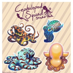 WATERPROOF Four Cephalopod Stickers, Squid and Octopus Stickers, Cephalopod Squad Sticker Pack